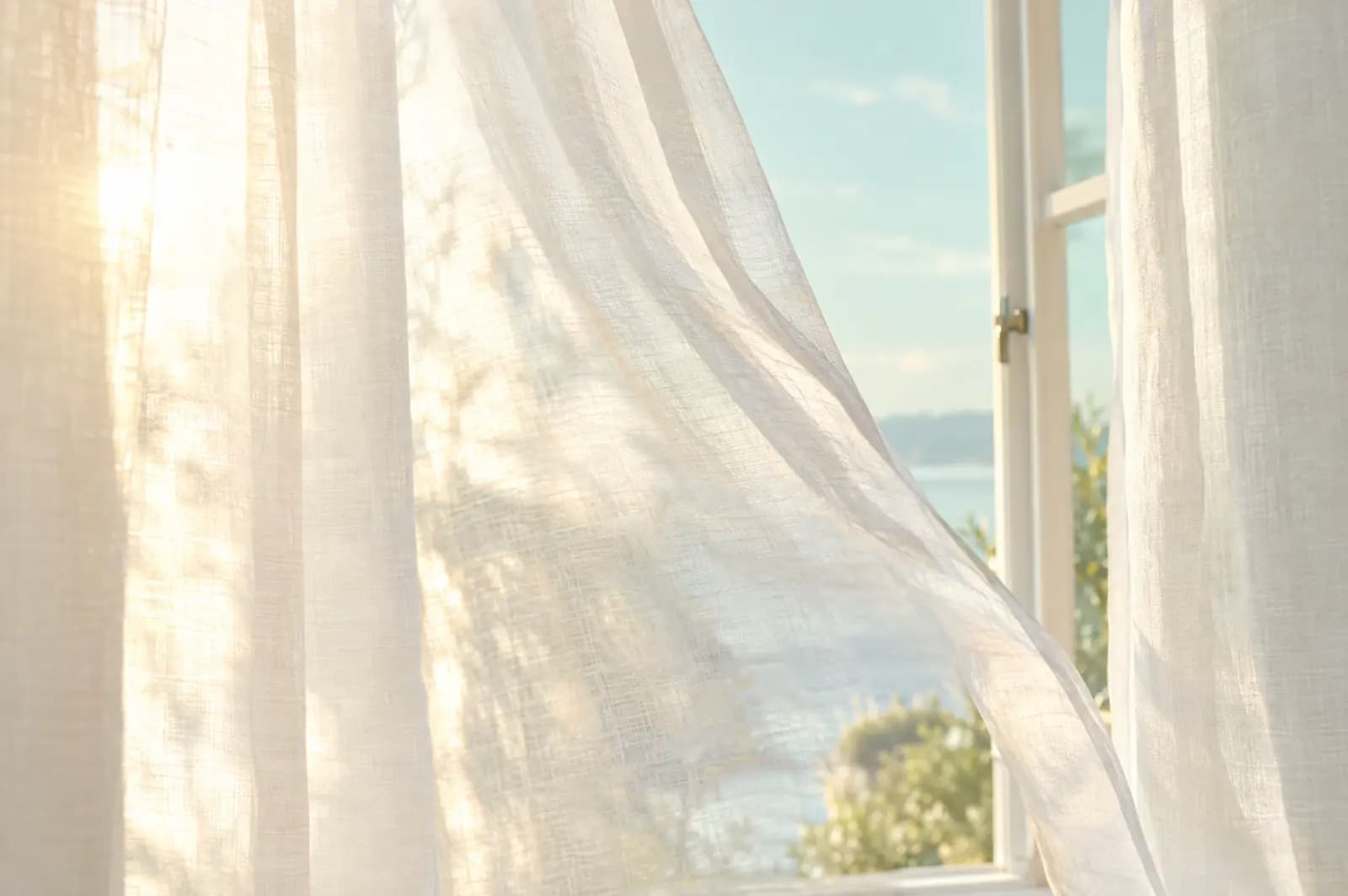 Sunlight through linen curtains in a calm room